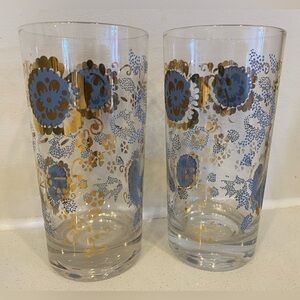 Vintage Floral Patterned Glass Tumblers - Blue & Gold